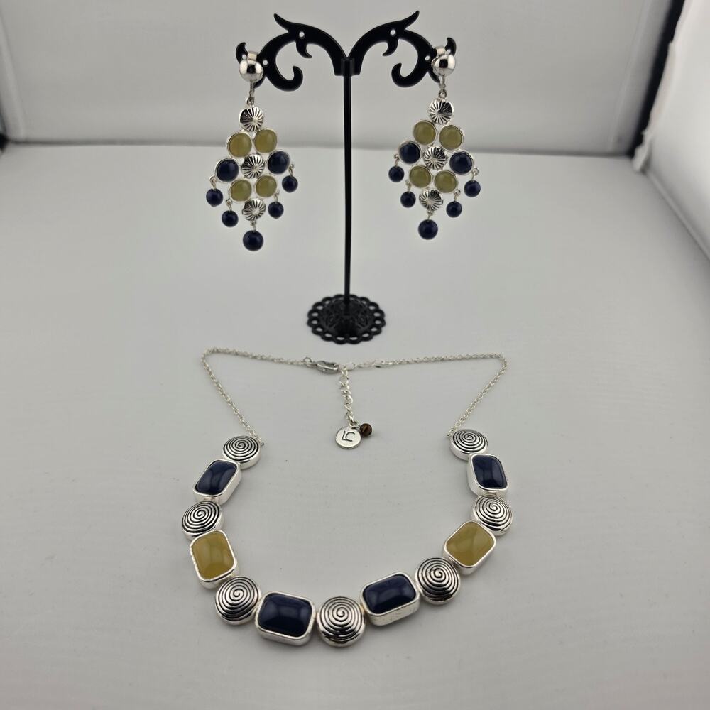 Vintage Liz Claiborne Geometric Statement Necklace & Chandelier Earring Set